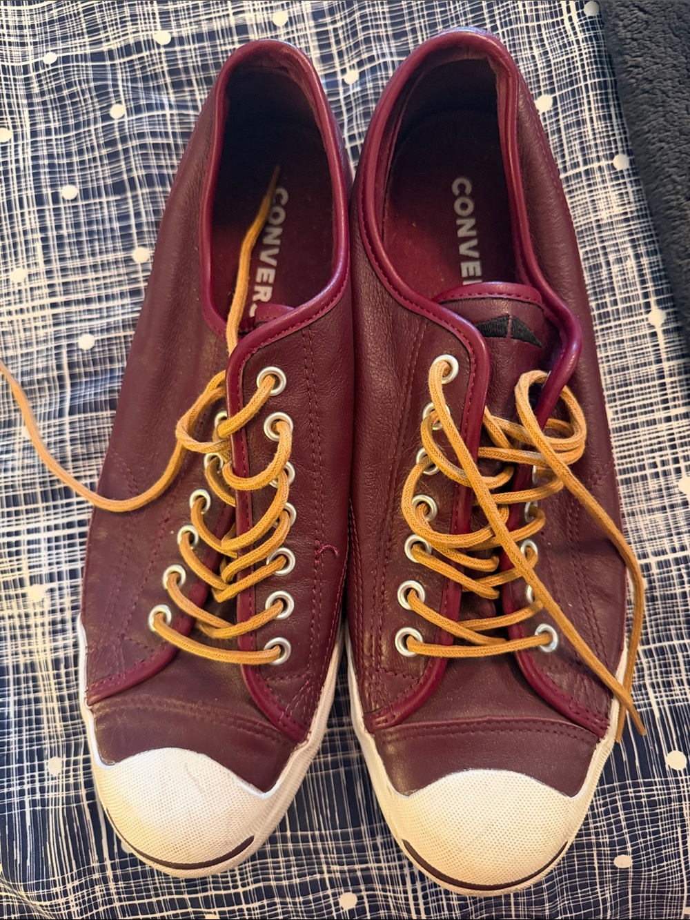 Converse Jack Purcell Leather Low-Top Sneakers in Burgundy with Mustard Laces